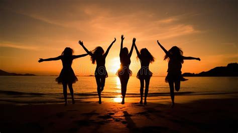 Silhouette Of Happy Women Friends Dancing At Beach Party At Sunset