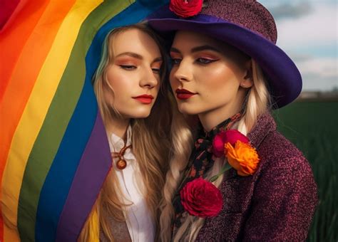 Una Hermosa Pareja Lesbiana Gay Feliz Con Los Colores Del Arco Iris En Un Campo De Flores Mes