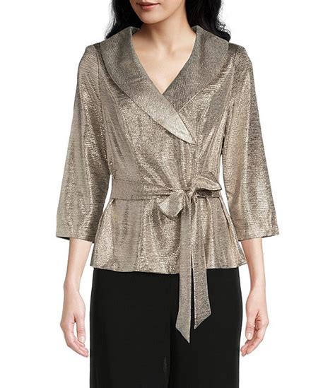 Alex Evenings Petite Size Sleeve Shawl Collared Tie Waist Metallic