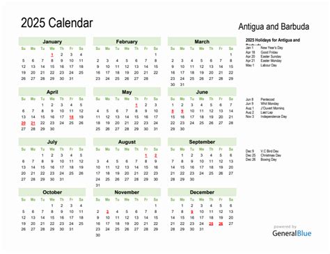 Holiday Calendar 2025 for Antigua and Barbuda (Sunday Start)