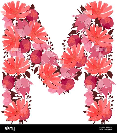 Vector Floral Letter Capital Character M Botanical Monogram Pink