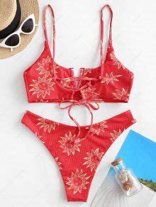 Zaful Sun Print Ribbed Lace Up V Wired Bikini Swimwear In Deep Red Zaful