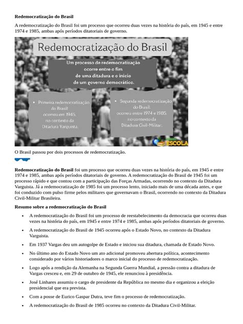 Redemocratização no Brasil: 1945 e 1985 | PDF | Brasil | Democracia