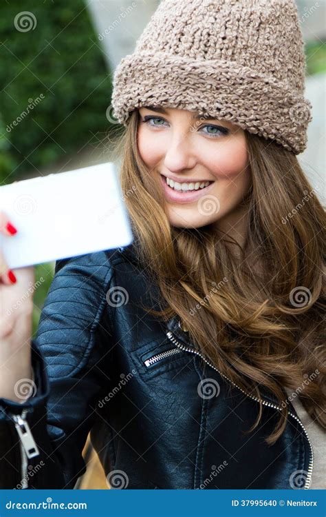 Cute Brunette Woman Taking Photo Of Herself Stock Photo Image Of Female Brunette
