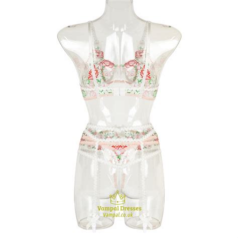 Pink Embroidery Lace Lingerie 3 Piece Set With Bow Accents Vampal Dresses