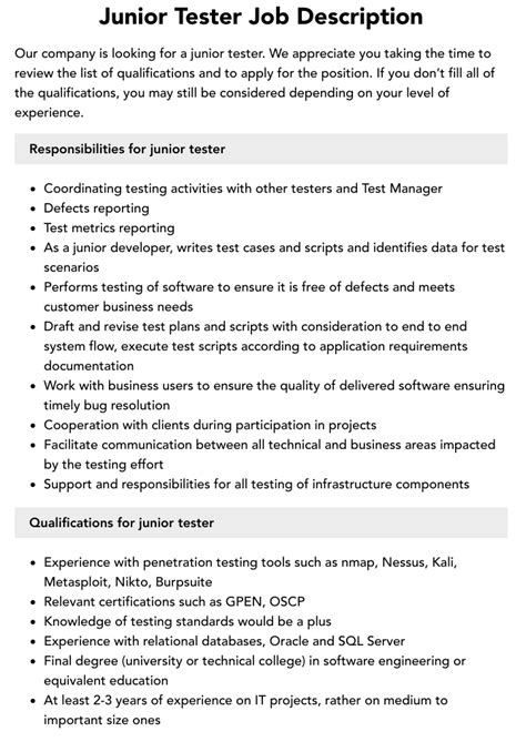 Junior Tester Job Description Velvet Jobs