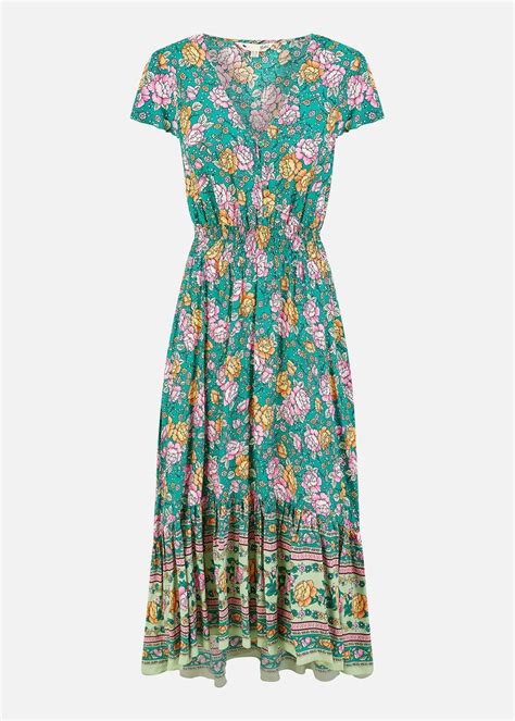 Yumi Green Festival Floral Print Ruched Waist Maxi Dress Matalan