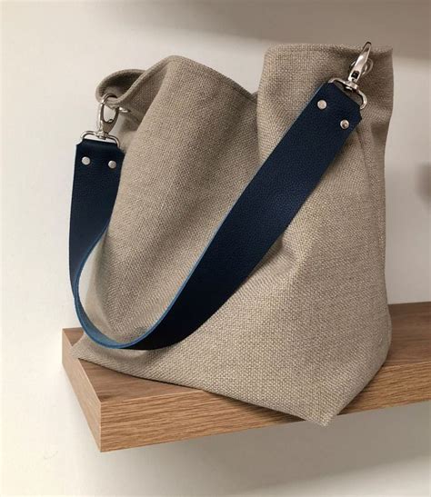 Sac Port Paule Lin Beige Anse Cuir Bleu Marine Amovible Sac Hobo