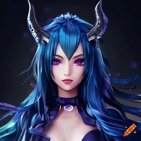 Anime Character With Dragon Horns Dark Blue Hair And Purple Eyes On