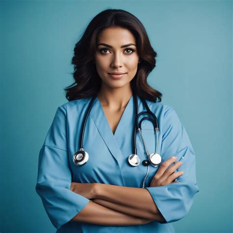Hermoso Retrato De Enfermera Latina Con Fondo Azul De Brazos Cruzados Foto Premium