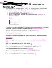 Copy Of BIOL Lab Genetics Incomplete Dominance Codominance And Sex Linked Inheritance