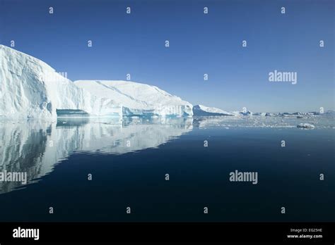 greenland ilulissat icefjord tabular iceberg  calm water stock