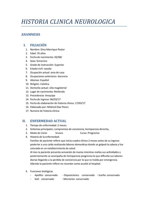 Historia Clinica Neurologica Historia Clinica Neurologica Anamnesis