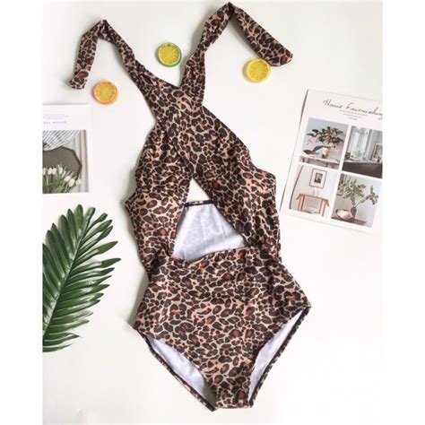 Bikini 1 Mảnh Da Báo Đắp Chéo Ngực Hở Lưng Gợi Cảm Bodysuiit Đi Biển Da Beo Cổ Đắp Sexy Ảnh