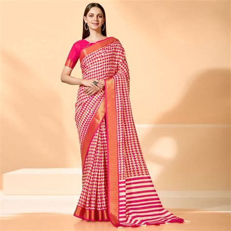 Pink Printed Dola Silk Saree With Tassels