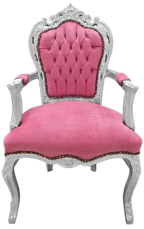 Fauteuil De Style Baroque Rococo Tissu Velours Rose Et Bois Argent