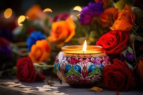 Premium AI Image | Candles with flowers for decoration on the day of ...