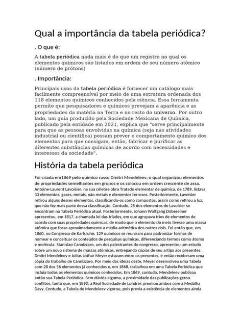Qual A Importância Da Tabela Periódica - Qual A Importância Da Tabela Periódica | PDF