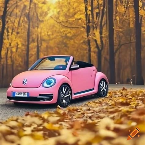 Pink Volkswagen Beetle Driving Through Autumn Leaves On Craiyon