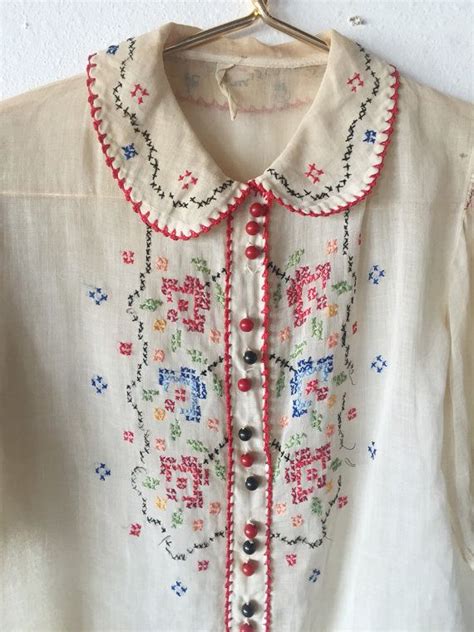 S Cotton Gauze Peasant Blouse With Cross Stitch Embroidery Through