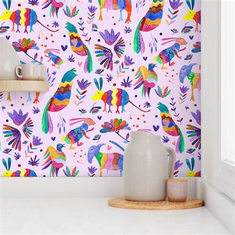 Otomi Mexican Colourful Animals On Light Wallpaper | Spoonflower