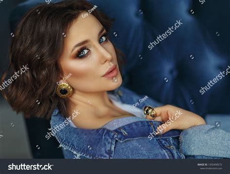 Sexy Beautiful Model Brunette Girl Blue Stock Photo 1350408272 Shutterstock