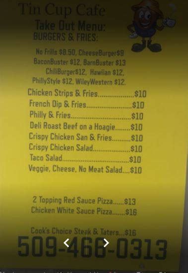 Menu At The Tin Cup Cafe Nine Mile Falls