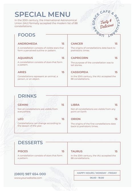 Design this Retro Pastel Urban Space Restaurant Menu template in minutes