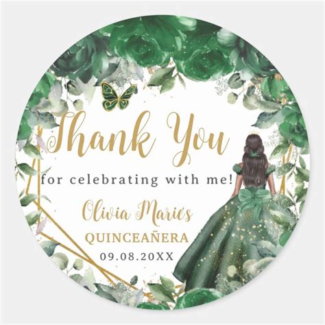 Emerald Green Floral Princess Quincea Era Favor Classic Round Sticker