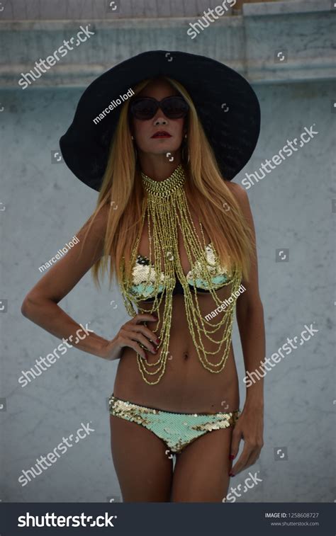 Sexy Blonde Model Gold Bikini Stock Photo 1258608727 Shutterstock