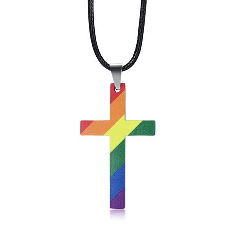 Stainless Steel Rainbow Cross Necklace With Long Chain Link Gay Pride