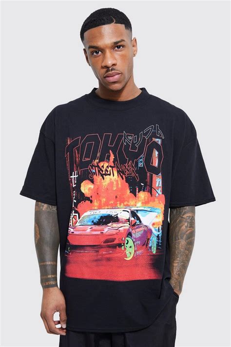 Mens Oversized Tokyo Car Flames Graphic T Shirt Boohoo Uk