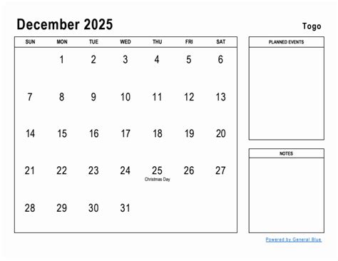December 2025 Planner with Togo Holidays
