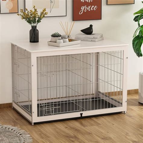 Piskyet Wooden Dog Crate Furniture with Divider Panel, Dog Crate End Table with Fixable Slide ...