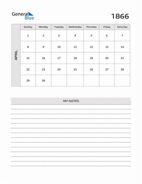 April 1866 Monthly Calendar (PDF, Word, Excel)