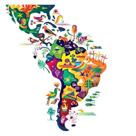 Mapa ilustrado da América Latina ícones culturais representando cada país imagem Premium