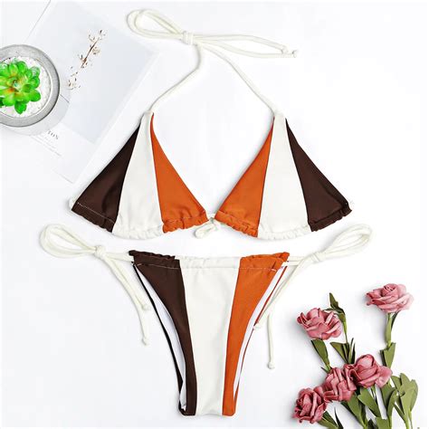 Gameit Women Bikini Set Halter Neck Backless Padded Color Blocking Low Waist Beach Bikini