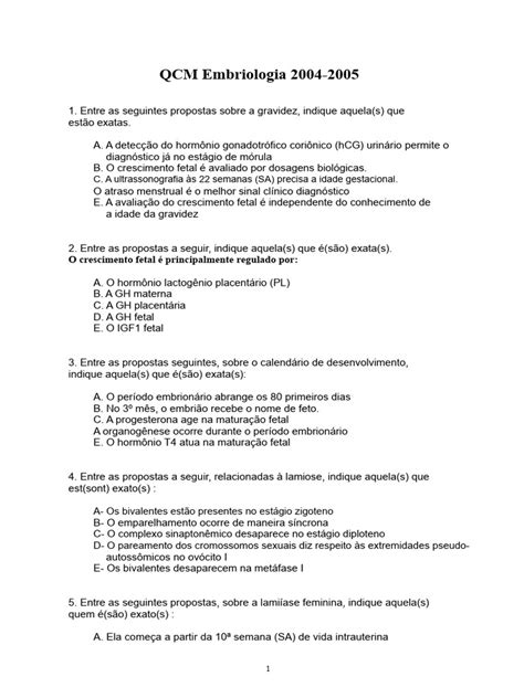 Embriologia Questoes - Questões de Embriologia 2004-2005 | PDF | Placenta | Fertilização