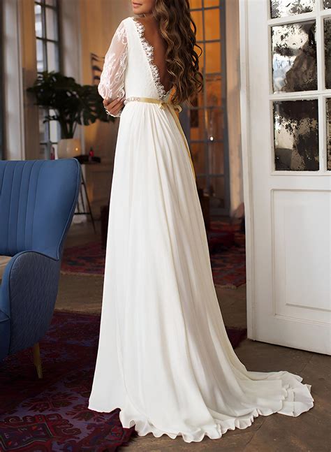 A Line Scoop Neck Long Sleeves Chiffon Lace Sweep Train Wedding Dresses