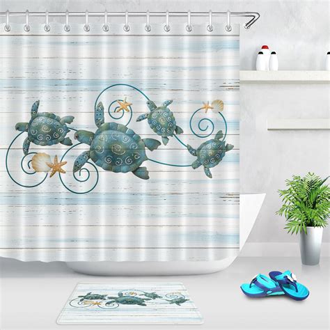 Coastal Charm Seaside Watercolor Sea Turtles Shower Curtain With