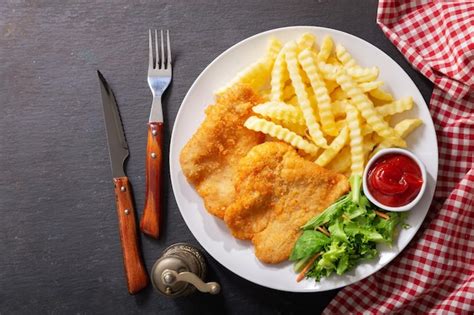 Plato De Carne De Pollo Empanada Frita O Schnitzel Con Papas Fritas Y