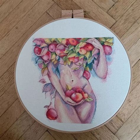 Cross Stitch Pattern Of A Naked Woman With Apples Modern Folk Art Stylish Home Decor From