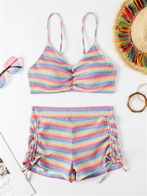 Emmiol Free Shipping Rainbow Striped Ribbed Bikini Set Blue S In