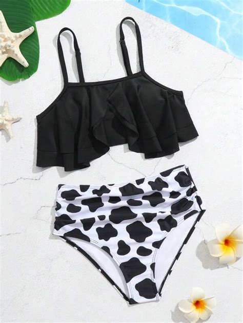 Tween Girl Cow Print One Shoulder Bikini Swimsuit Shein Usa