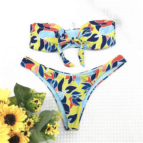 Bandeau Swimwear Women Floral Off Shoulder Bikini Tied Swimsuit Bow Knot Colored Petal Print