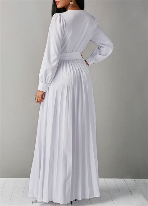 V Neck Long Sleeve White Belted Maxi Dress On Sale Only Us 36 79 Now