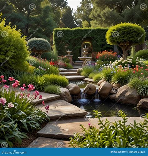 A Tranquil Garden Oasis with Winding Pathways, Bubbling Fountains, and