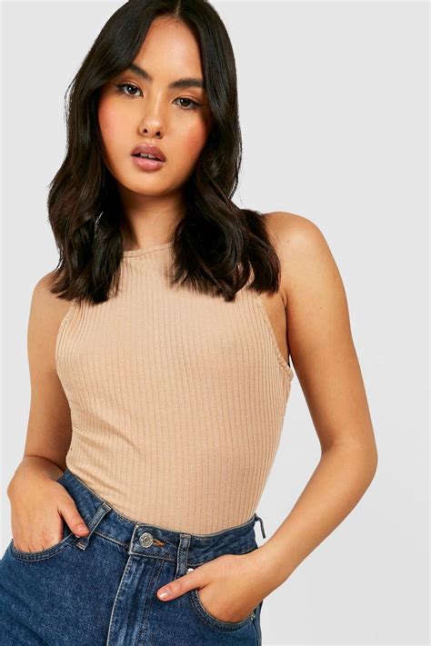 Soft Rib Knit High Neck Sleeveless Bodysuit Boohoo Uk