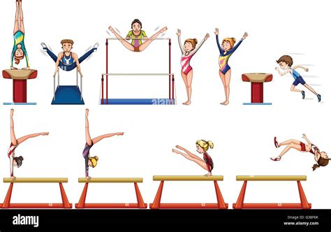 Different types of gymnastics with equipments illustration Stock Vector ...