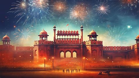 Premium Photo Republic Day India Red Fort And Fireworks In Background